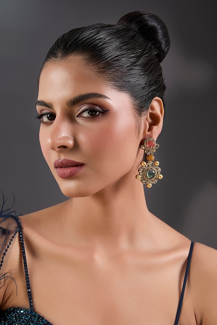 Gold Finish Opal & Emerald Stone Dangler Earrings by Moh-Maya by Disha Khatri at Pernia's Pop Up Shop