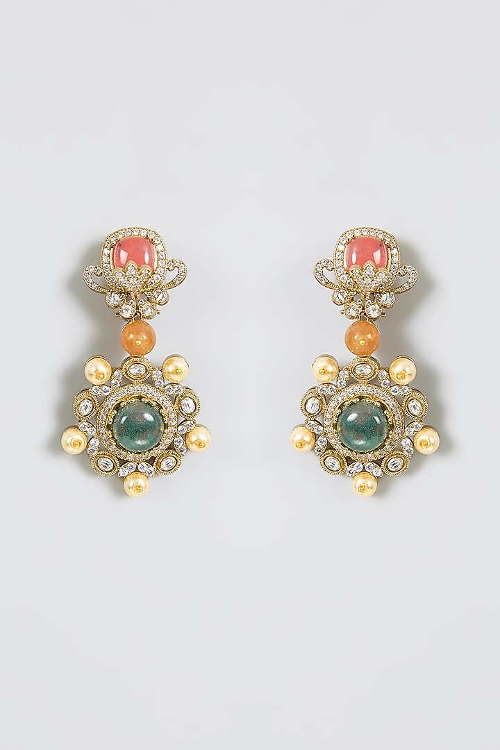 Gold Finish Opal & Emerald Stone Dangler Earrings by Moh-Maya by Disha Khatri at Pernia's Pop Up Shop