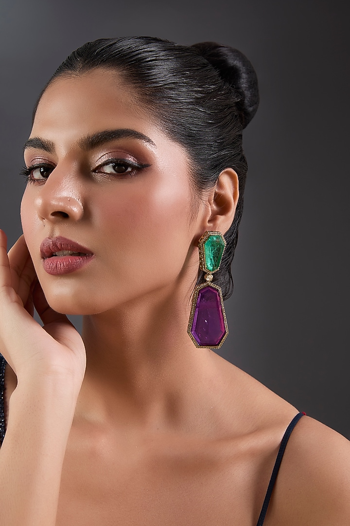 Gold Finish Amethyst & Emerald Stone Dangler Earrings by Moh-Maya by Disha Khatri at Pernia's Pop Up Shop