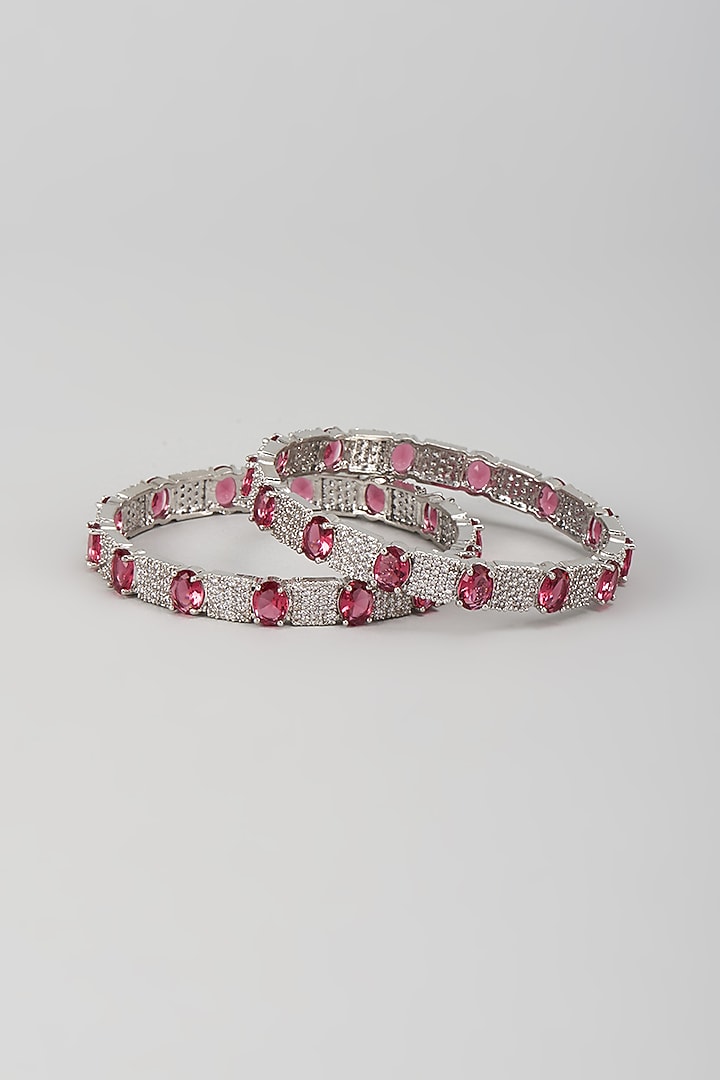 Silver Finish Zircon & Ruby Stone Bangles (Set Of 2) by Moh-Maya by Disha Khatri at Pernia's Pop Up Shop