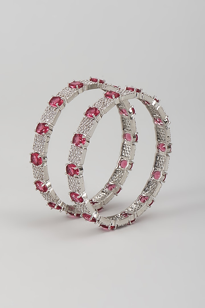 Silver Finish Zircon & Ruby Stone Bangles (Set Of 2) by Moh-Maya by Disha Khatri at Pernia's Pop Up Shop