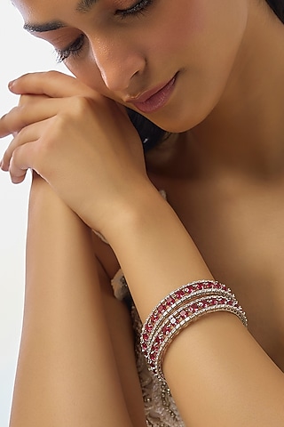 Silver Finish Zircon & Ruby Stone Bangles (Set Of 2) by Moh-Maya by Disha Khatri