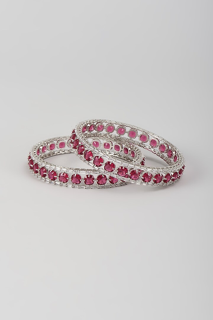 Silver Finish Zircon & Ruby Stone Bangles (Set Of 2) by Moh-Maya by Disha Khatri at Pernia's Pop Up Shop
