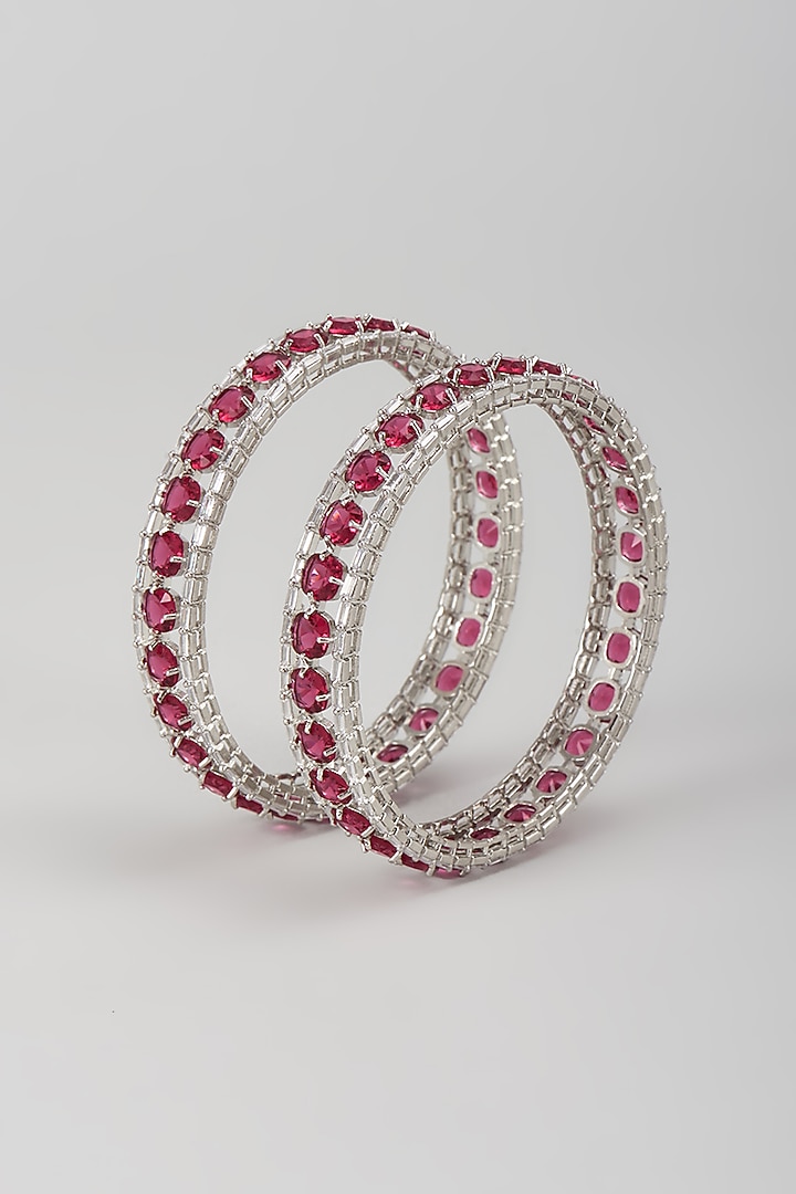 Silver Finish Zircon & Ruby Stone Bangles (Set Of 2) by Moh-Maya by Disha Khatri at Pernia's Pop Up Shop