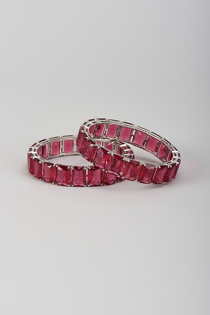 Silver Finish Zircon & Ruby Stone Bangles (Set Of 2) by Moh-Maya by Disha Khatri at Pernia's Pop Up Shop