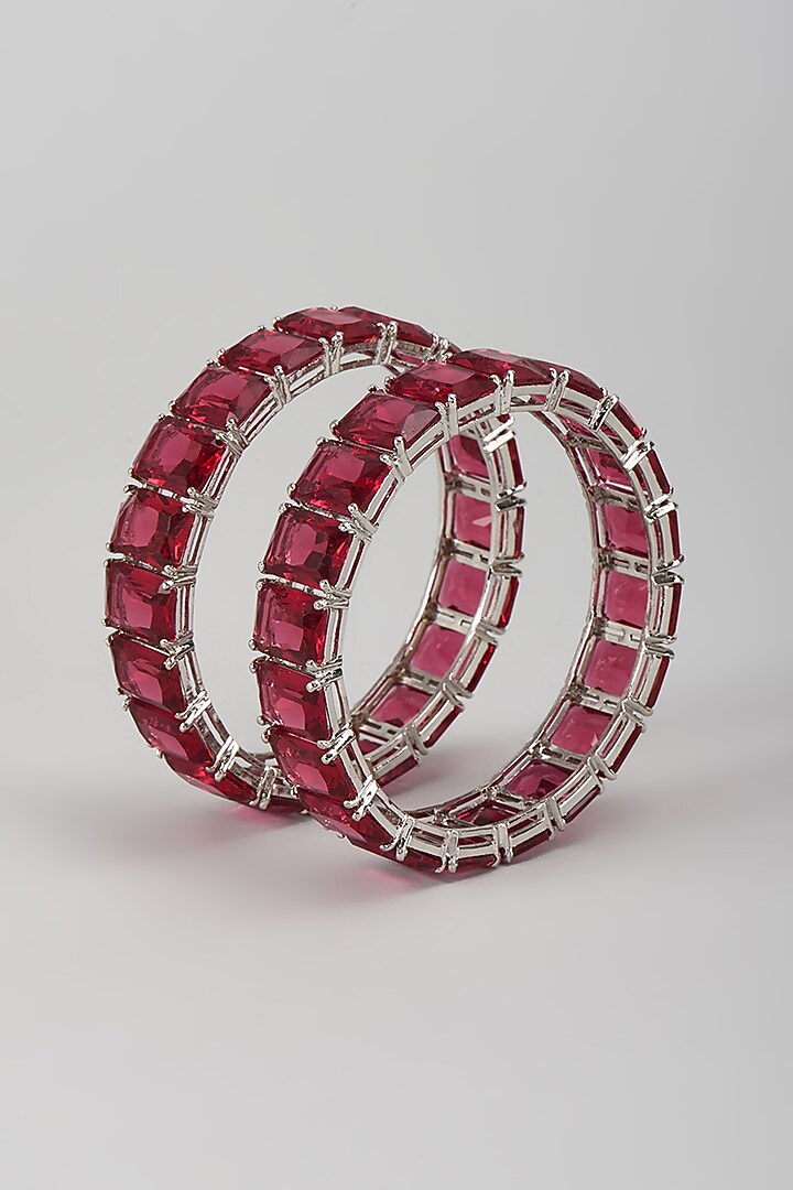 Silver Finish Zircon & Ruby Stone Bangles (Set Of 2) by Moh-Maya by Disha Khatri at Pernia's Pop Up Shop