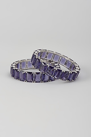 Silver Finish Zircon & Amethyst Stone Bangles (Set Of 2) by Moh-Maya by Disha Khatri