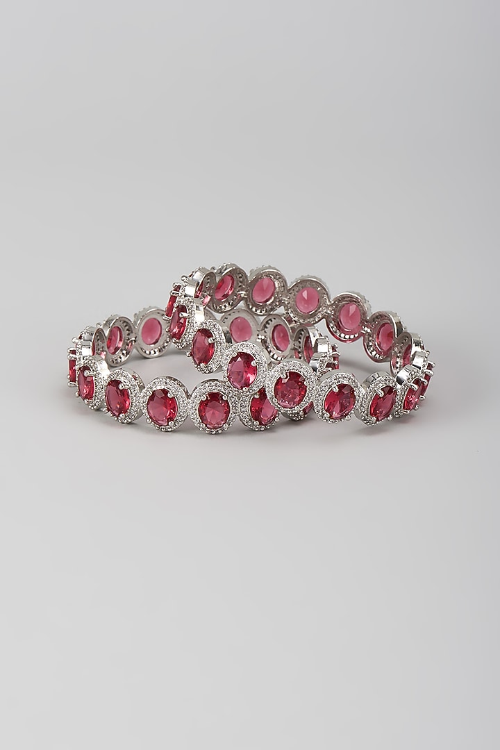 Silver Finish Zircon & Ruby Stone Bangles (Set Of 2) by Moh-Maya by Disha Khatri at Pernia's Pop Up Shop