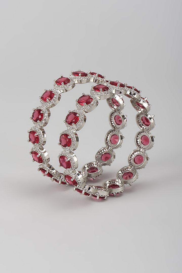 Silver Finish Zircon & Ruby Stone Bangles (Set Of 2) by Moh-Maya by Disha Khatri at Pernia's Pop Up Shop
