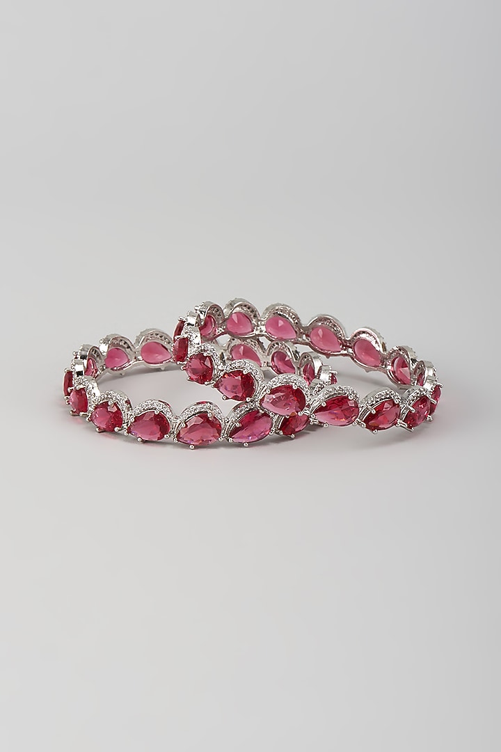 Silver Finish Zircon & Ruby Stone Bangles (Set Of 2) by Moh-Maya by Disha Khatri at Pernia's Pop Up Shop