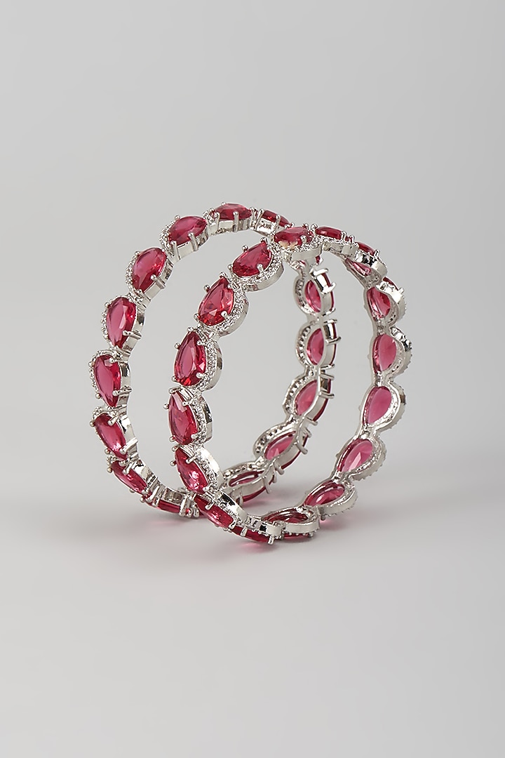 Silver Finish Zircon & Ruby Stone Bangles (Set Of 2) by Moh-Maya by Disha Khatri at Pernia's Pop Up Shop