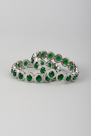 Silver Finish Zircon & Emerald Stone Bangles (Set Of 2) by Moh-Maya by Disha Khatri