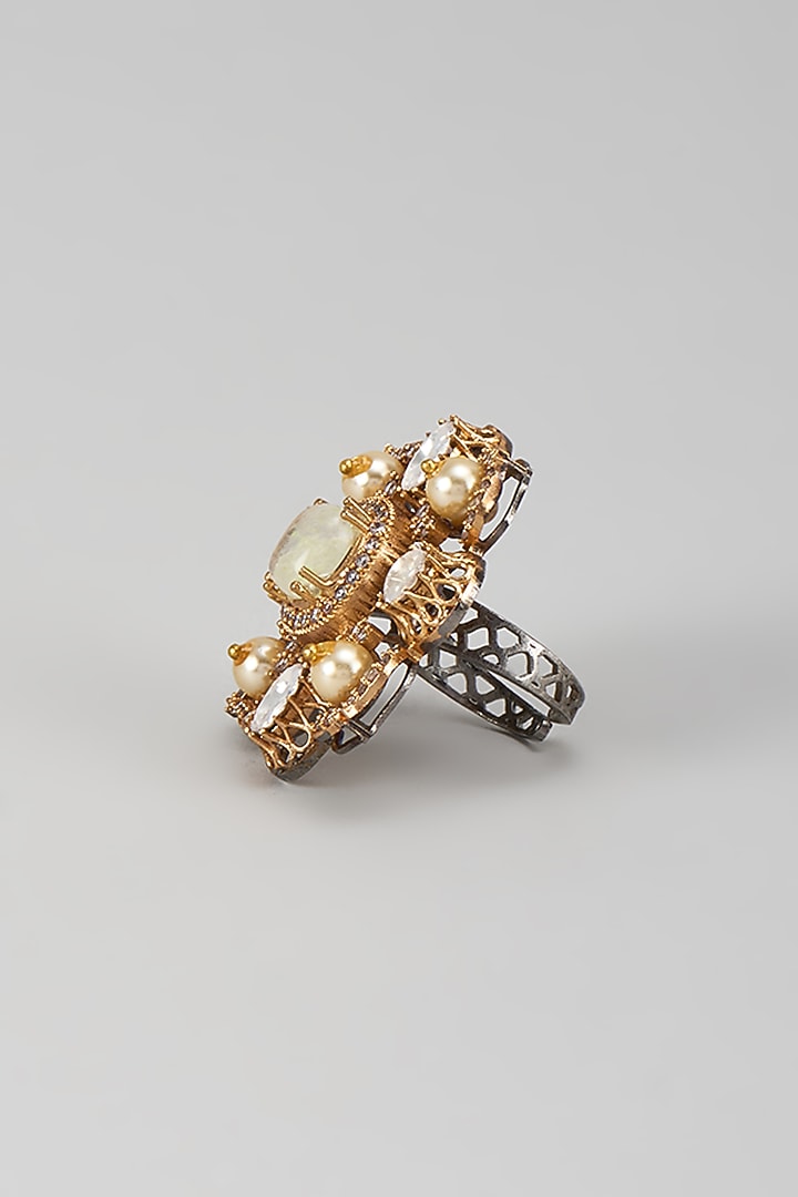 Gold Finish Kundan Polki & Pearl Ring by Moh-Maya by Disha Khatri at Pernia's Pop Up Shop