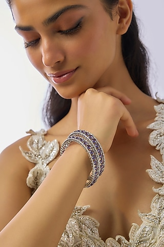 Silver Finish Zircon & Amethyst Bangles (Set Of 2) by Moh-Maya by Disha Khatri