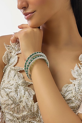 Silver Finish Zircon & Emerald Stone Bangles (Set Of 2) by Moh-Maya by Disha Khatri