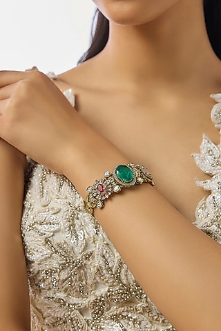 Gold Finish Kundan Polki & Multi-Colored Stone Bracelet by Moh-Maya by Disha Khatri