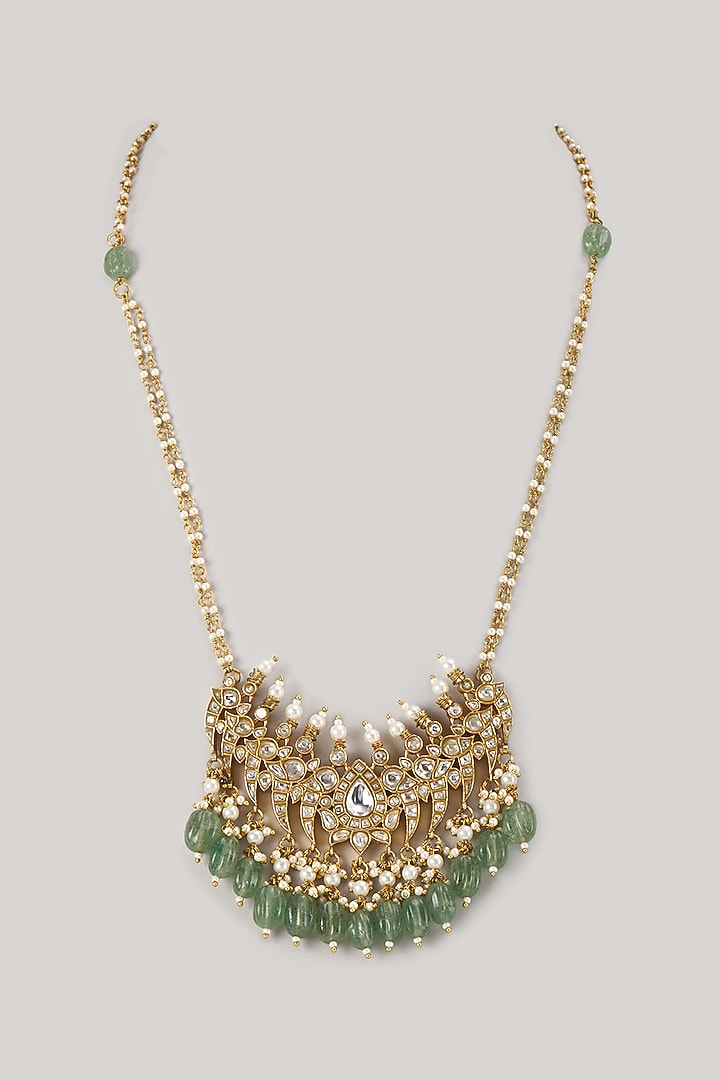 Gold Finish Kundan Polki & Green Beaded Long Necklace by Moh-Maya by Disha Khatri at Pernia's Pop Up Shop
