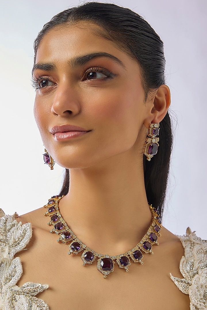 Gold Finish Zircon & Amethyst Long Necklace Set by Moh-Maya by Disha Khatri at Pernia's Pop Up Shop