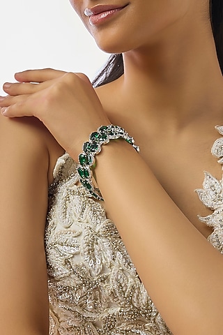 Silver Finish Zircon & Emerald Stone Bangles (Set Of 2) by Moh-Maya by Disha Khatri
