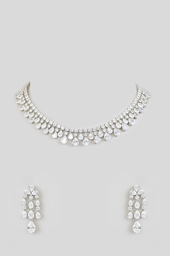 White Finish White Zircon Necklace Set by Moh-Maya by Disha Khatri at Pernia's Pop Up Shop