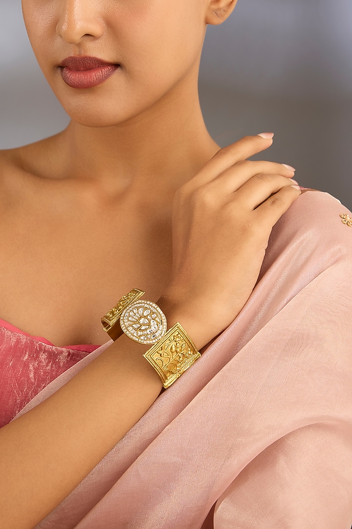 Gold Finish Kundan Polki Adjustable Bracelet by Moh-Maya by Disha Khatri at Pernia's Pop Up Shop