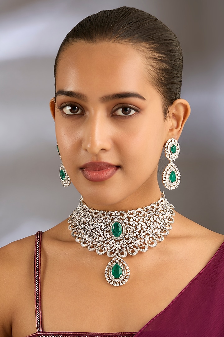 White Finish Zircon & Green Stone Necklace Set by Moh-Maya by Disha Khatri at Pernia's Pop Up Shop