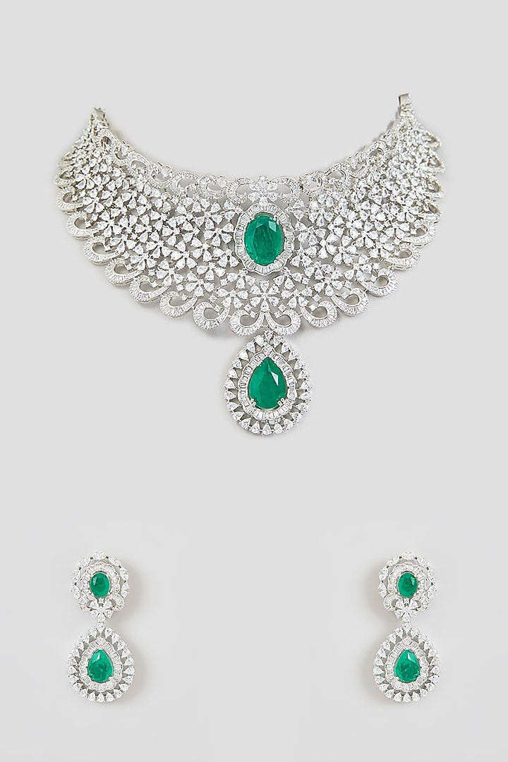 White Finish Zircon & Green Stone Necklace Set by Moh-Maya by Disha Khatri at Pernia's Pop Up Shop