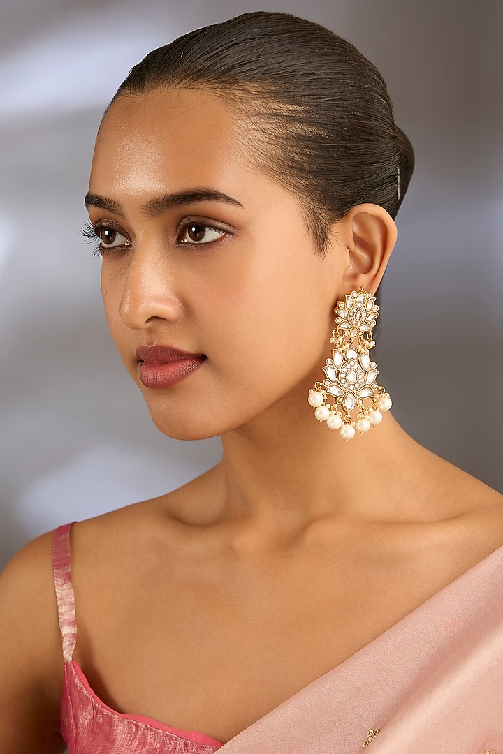 Gold Finish Kundan Polki & Pearl Dangler Earrings by Moh-Maya by Disha Khatri at Pernia's Pop Up Shop