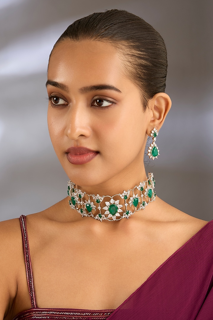 White Finish Zircon & Green Stone Choker Necklace Set by Moh-Maya by Disha Khatri at Pernia's Pop Up Shop