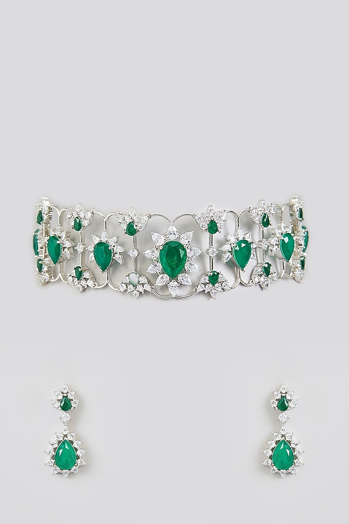 White Finish Zircon & Green Stone Choker Necklace Set by Moh-Maya by Disha Khatri at Pernia's Pop Up Shop