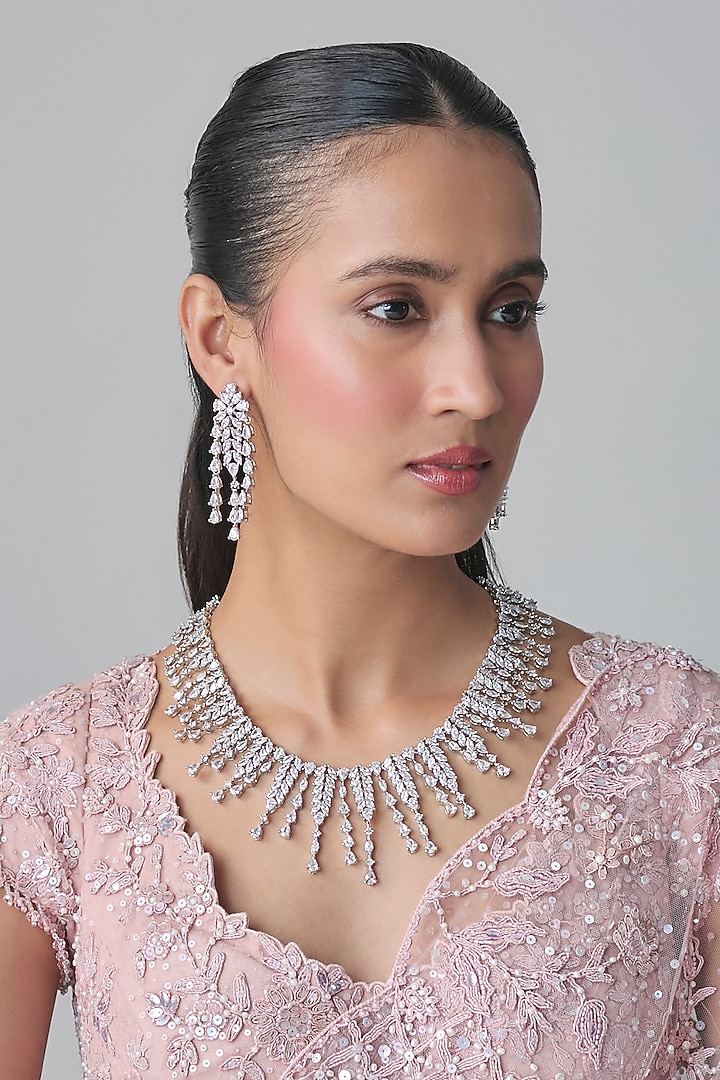 White Gold Finish Zircon Choker Necklace Set by Moh-Maya by Disha Khatri at Pernia's Pop Up Shop