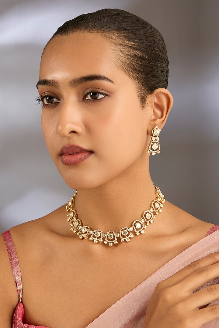 Gold Finish Kundan Polki Choker Necklace Set by Moh-Maya by Disha Khatri at Pernia's Pop Up Shop