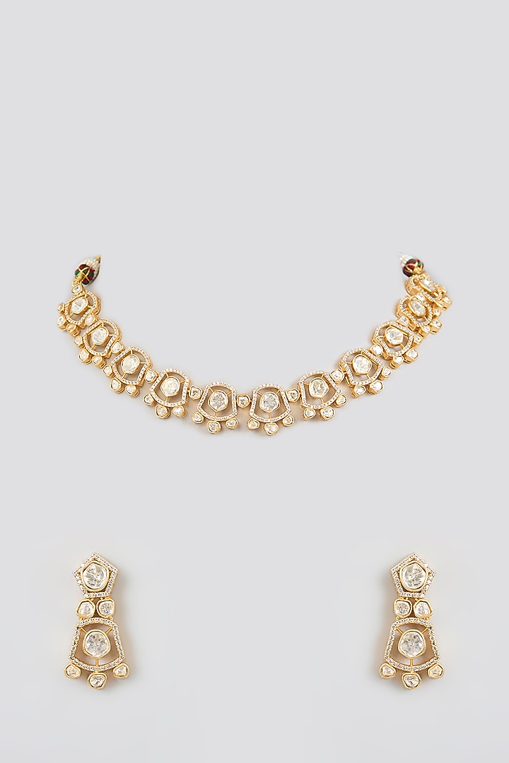 Gold Finish Kundan Polki Choker Necklace Set by Moh-Maya by Disha Khatri at Pernia's Pop Up Shop