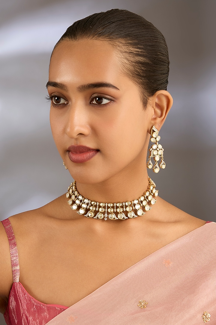 Gold Finish Kundan Polki Choker Necklace Set by Moh-Maya by Disha Khatri at Pernia's Pop Up Shop
