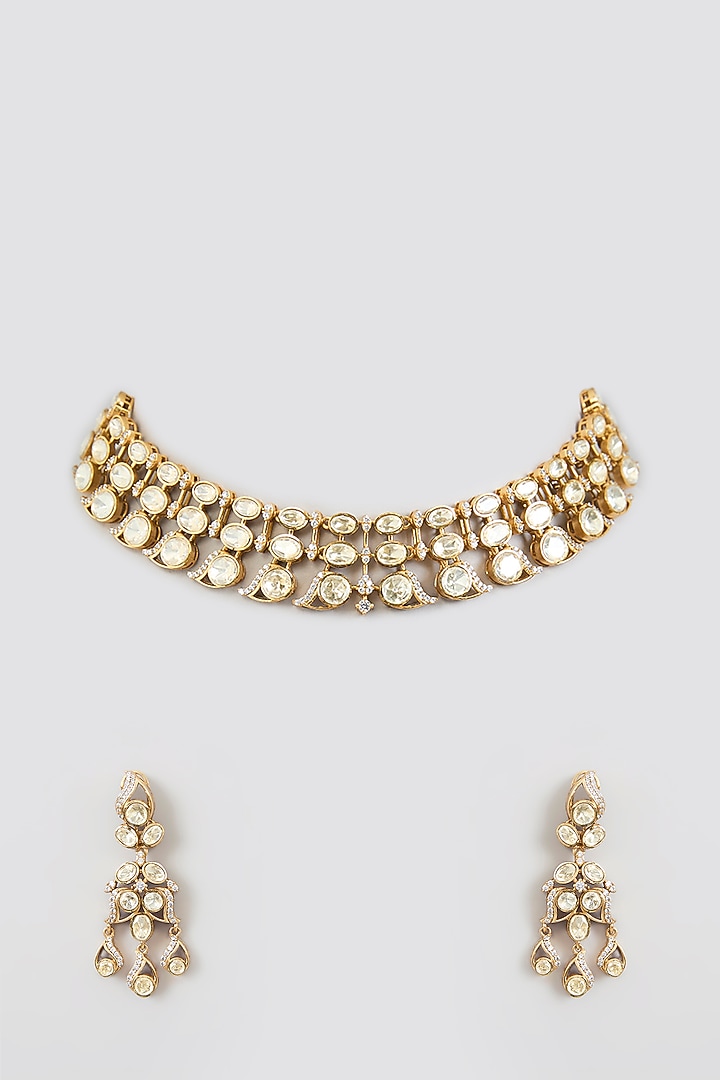 Gold Finish Kundan Polki Choker Necklace Set by Moh-Maya by Disha Khatri at Pernia's Pop Up Shop