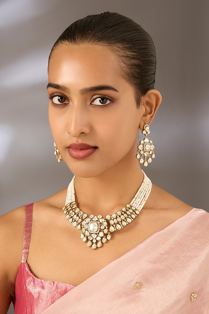 Gold Finish Kundan Polki & Pearl Beaded Necklace Set by Moh-Maya by Disha Khatri at Pernia's Pop Up Shop