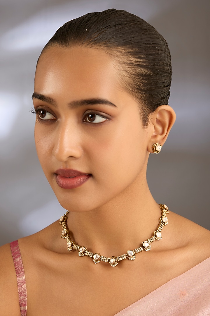 Gold Finish Kundan Polki Choker Necklace Set by Moh-Maya by Disha Khatri at Pernia's Pop Up Shop