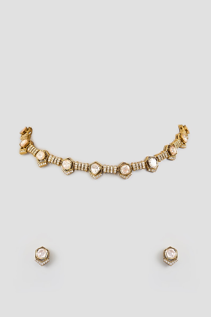 Gold Finish Kundan Polki Choker Necklace Set by Moh-Maya by Disha Khatri at Pernia's Pop Up Shop