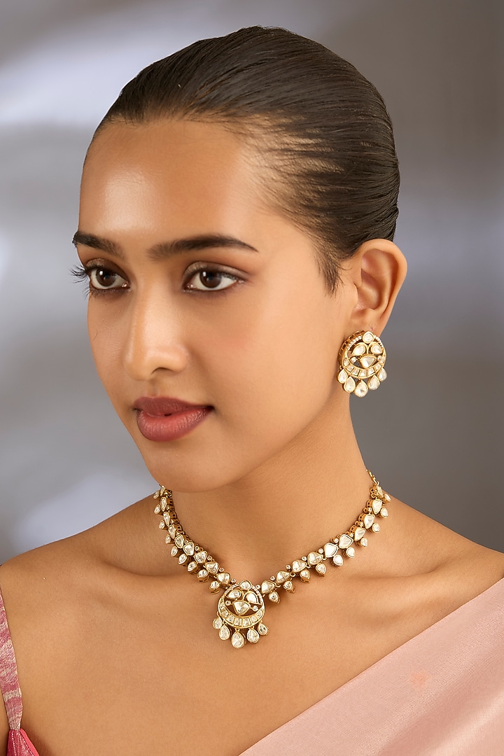 Gold Finish Kundan Polki Necklace Set by Moh-Maya by Disha Khatri at Pernia's Pop Up Shop