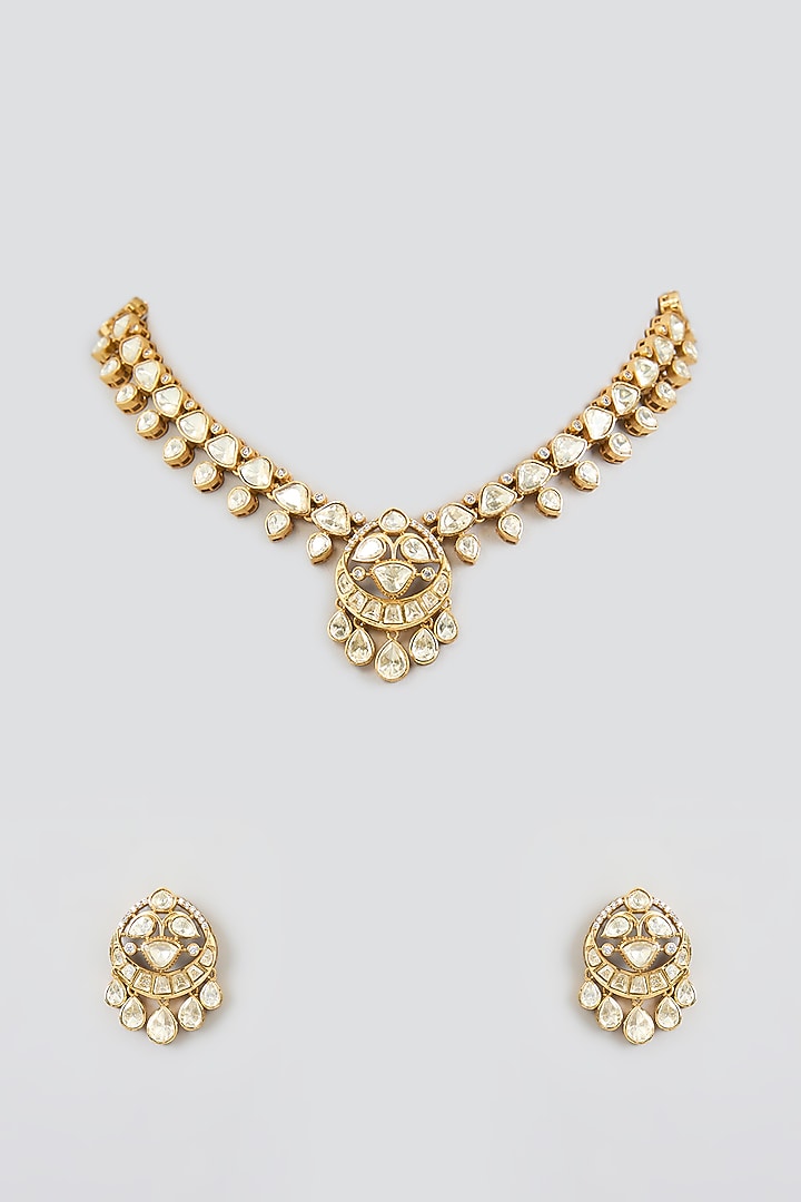 Gold Finish Kundan Polki Necklace Set by Moh-Maya by Disha Khatri at Pernia's Pop Up Shop