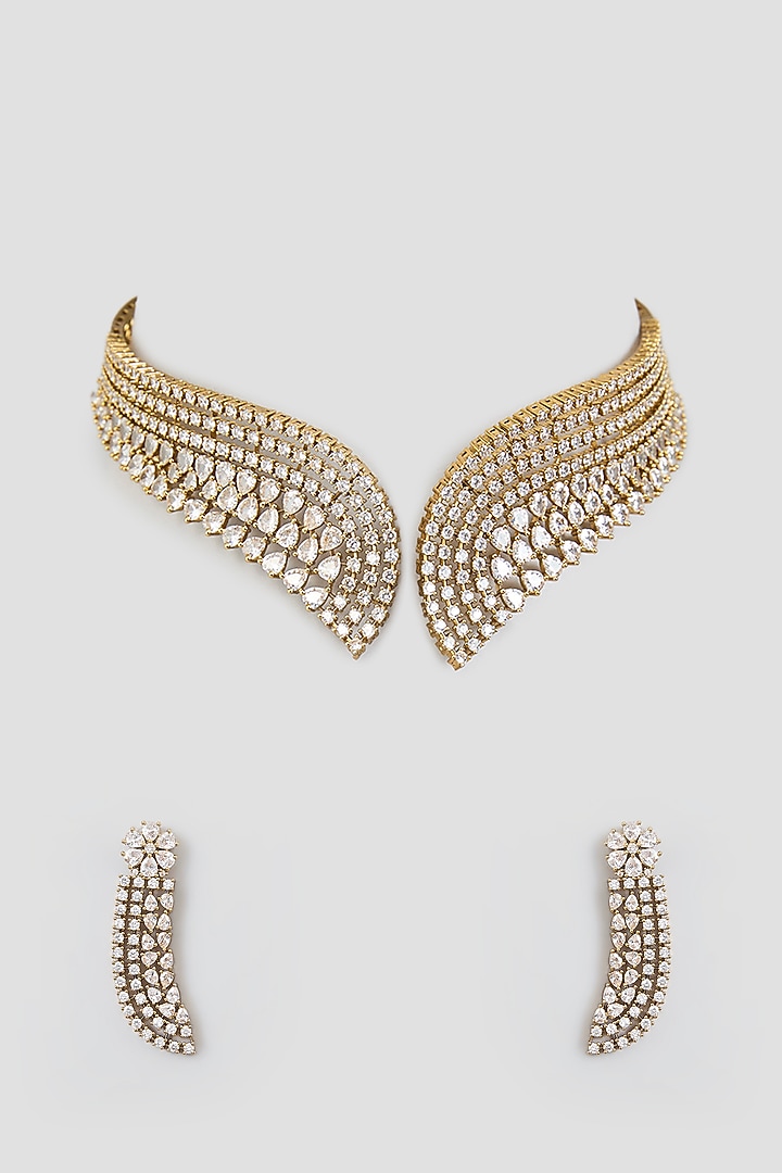 Gold Finish Cubic Zirconia Choker Necklace Set by Moh-Maya by Disha Khatri at Pernia's Pop Up Shop