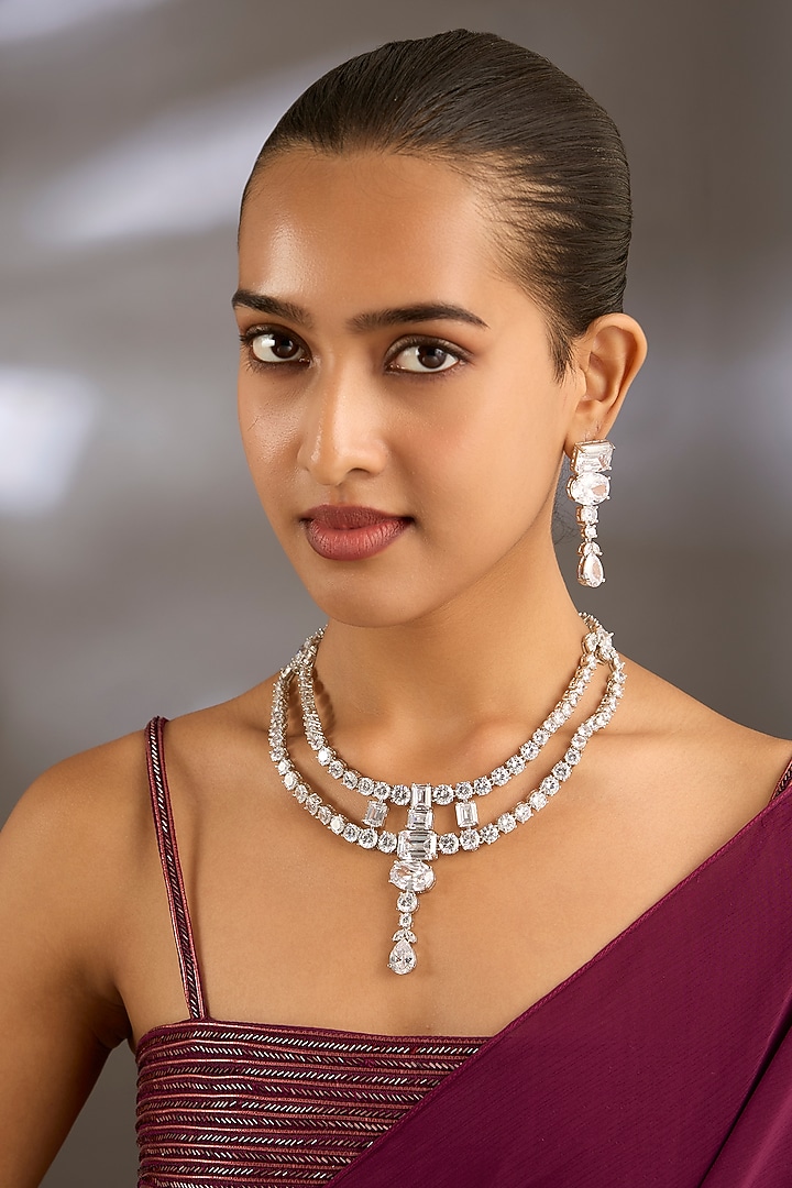 White Finish Cubic Zirconia Layered Necklace Set by Moh-Maya by Disha Khatri at Pernia's Pop Up Shop