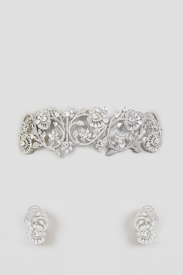 White Finish Cubic Zirconia Choker Necklace Set by Moh-Maya by Disha Khatri at Pernia's Pop Up Shop