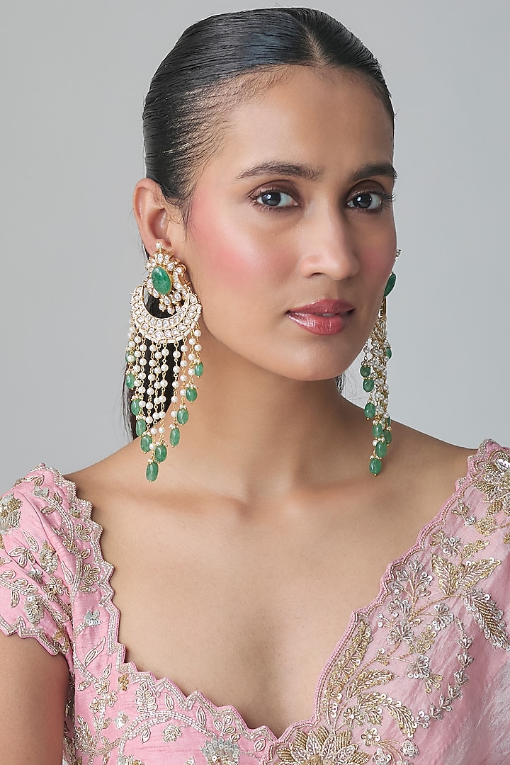 Gold Finish Emerald Kundan Polki & Pearl Beaded Dangler Earrings by Moh-Maya by Disha Khatri at Pernia's Pop Up Shop