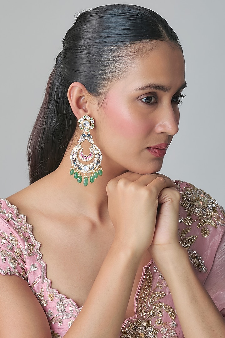 Gold Finish Kundan Polki & Emerald Dangler Earrings by Moh-Maya by Disha Khatri at Pernia's Pop Up Shop