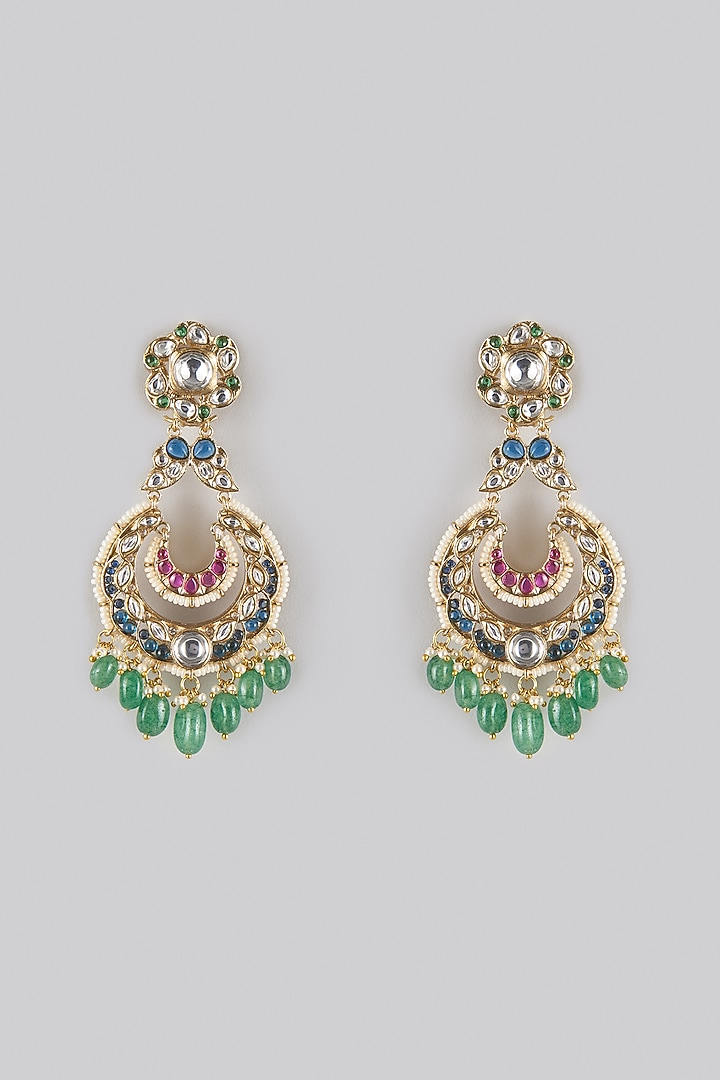 Gold Finish Kundan Polki & Emerald Dangler Earrings by Moh-Maya by Disha Khatri at Pernia's Pop Up Shop