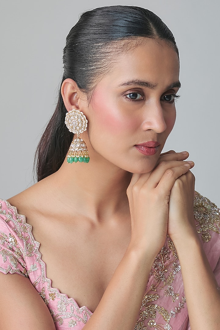 Gold Finish Kundan Polki & Emerald Dangler Earrings by Moh-Maya by Disha Khatri at Pernia's Pop Up Shop