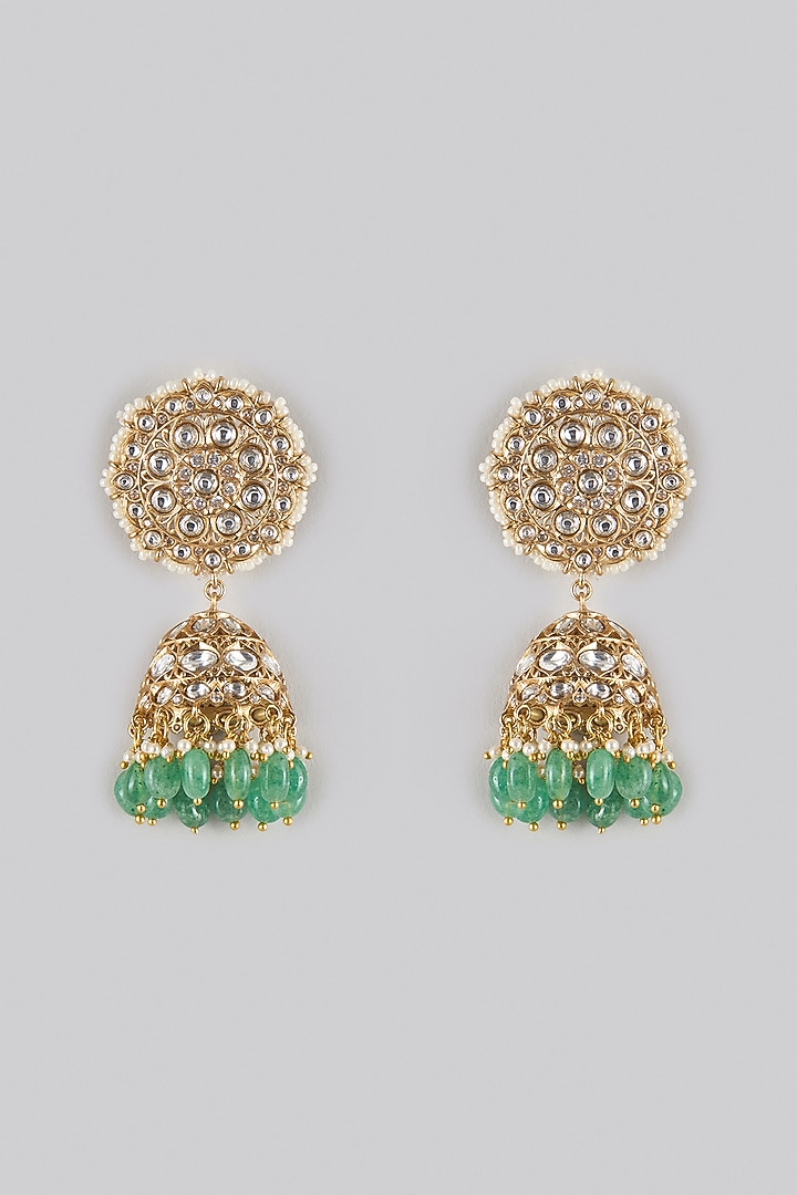 Gold Finish Kundan Polki & Emerald Dangler Earrings by Moh-Maya by Disha Khatri at Pernia's Pop Up Shop