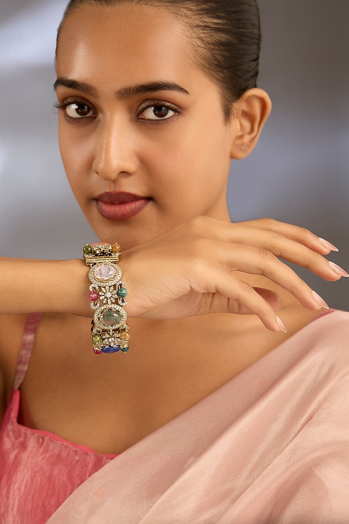 Gold Finish Kundan Polki & Multi-Colored Stone Adjustable Bangle by Moh-Maya by Disha Khatri at Pernia's Pop Up Shop