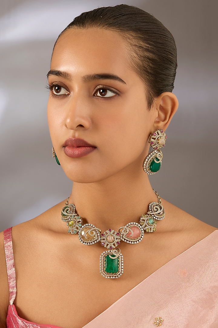 Gold Finish Multi-Colored Kundan Polki Necklace Set by Moh-Maya by Disha Khatri at Pernia's Pop Up Shop